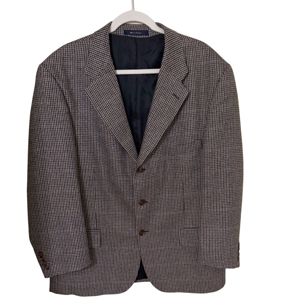 Chaps Ralph Lauren Mens Houndstooth Blazer Brown Three Button Sport Coat 48r
